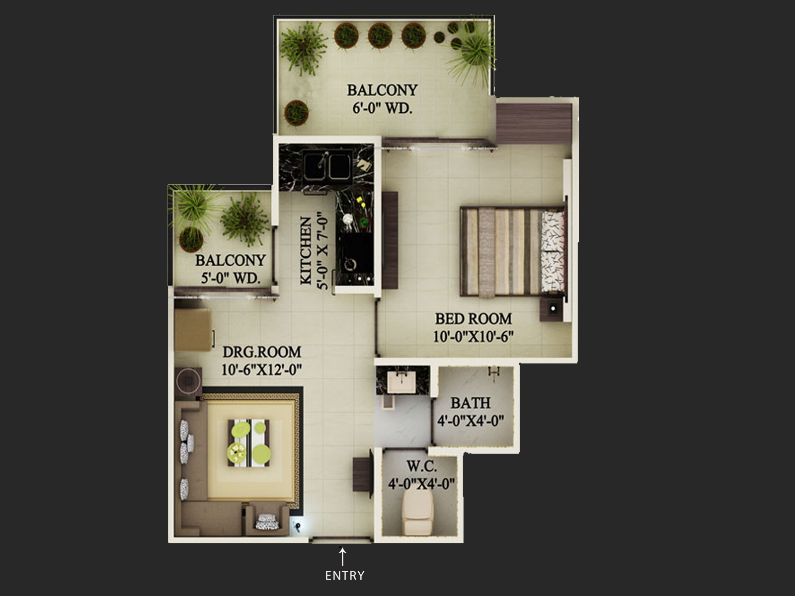 eco village 1 590 sqft 1 bhk floor plan