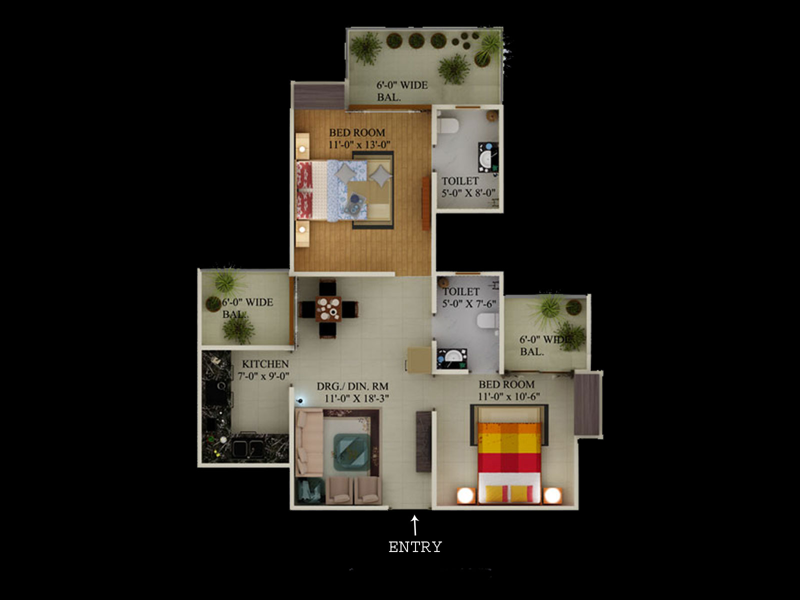 eco village 1 2bhk 1106 sqft floor plan