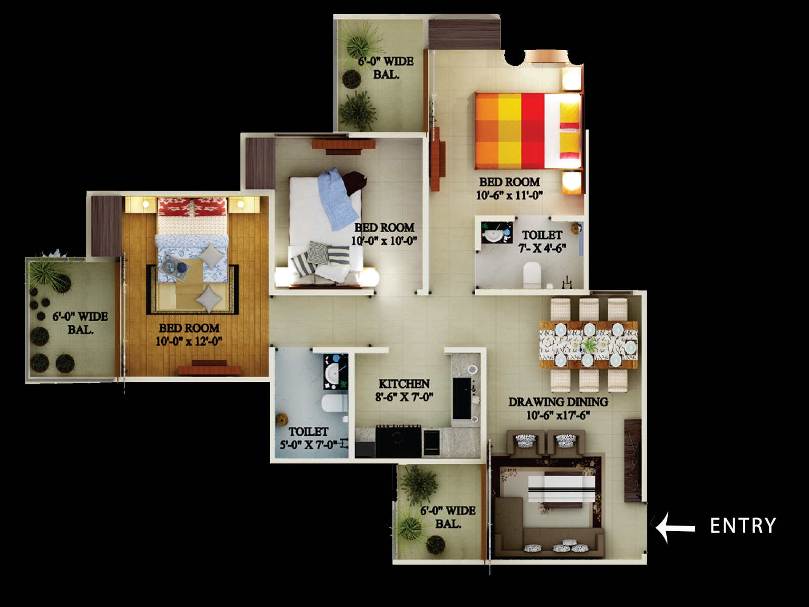 eco village 1 3 bhk 1267dqft floor plan