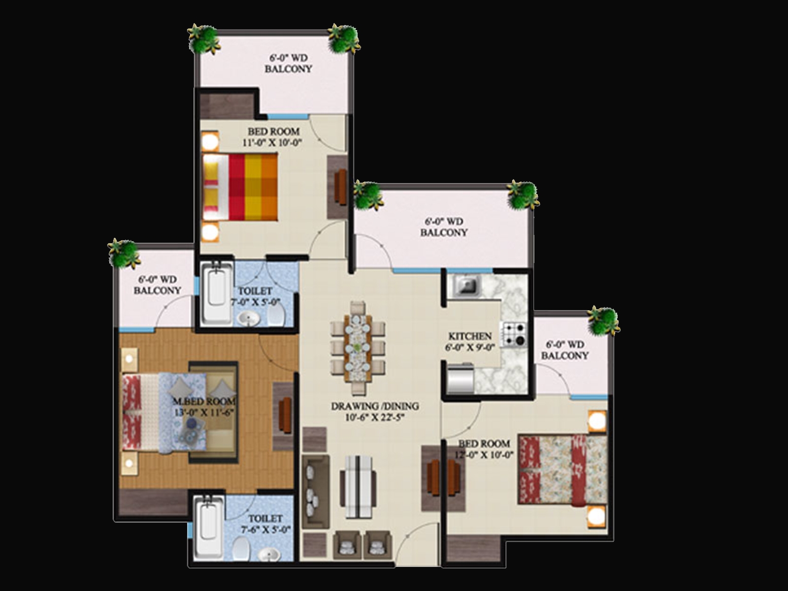 eco village 1 3bhk 1375 sqft floor plan