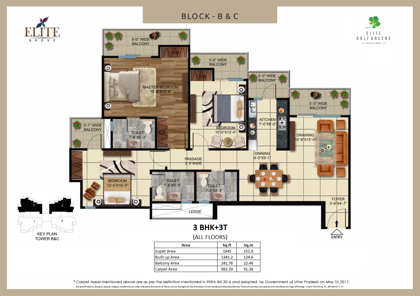 elite golf greens 1645 sqft 3 bhk