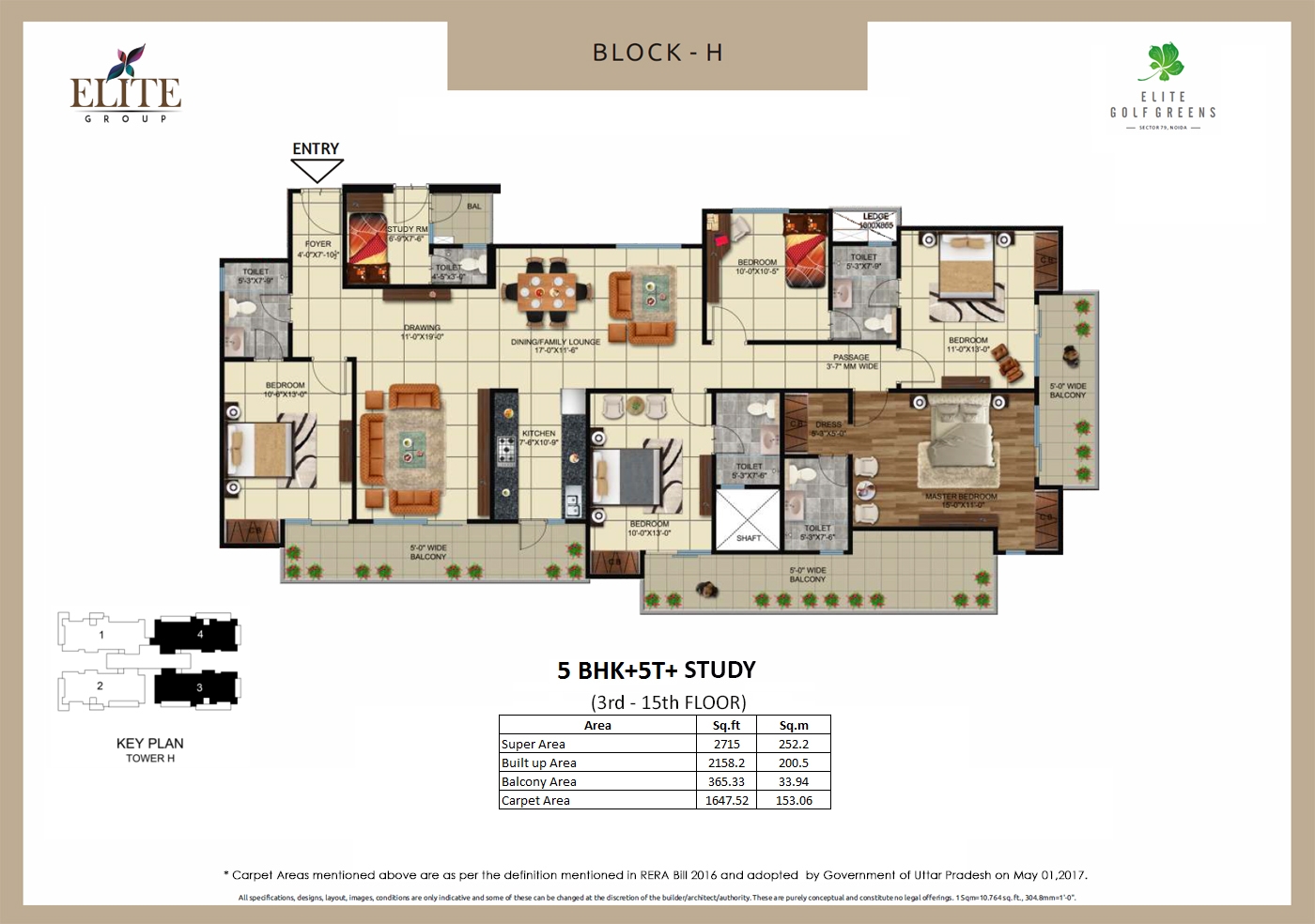 elite golf greens 2715 sqft 5 bhk+ study floor plan