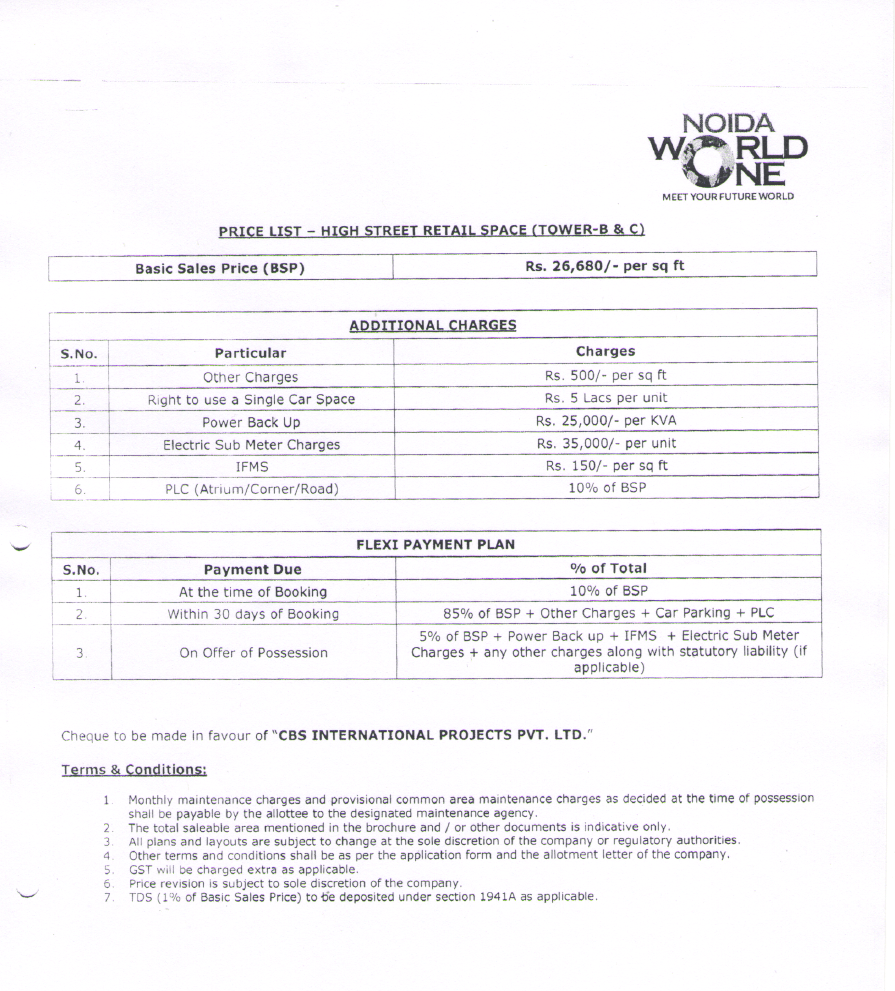 Noida World one Tower B&C Price List